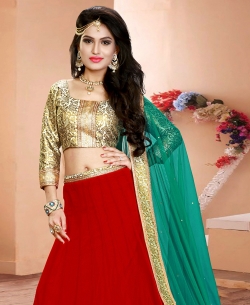 Red Brocade Patch Work A-Line Lehengas