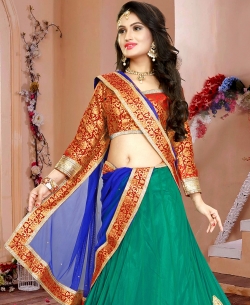 Sea Green Brocade Patch Work A-Line Lehengas