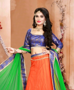 Orange Brocade Patch Work A-Line Lehengas