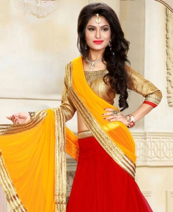 Beige And Red Gota Embroidered A-Line Lehengas