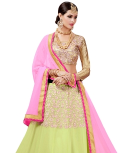 Greenish Yellow Brocade Embroidered A Line Lehengas
