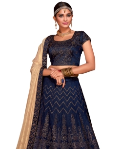 Navy Blue Silk Stones, Crystals A Line Lehengas