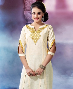 Cream Khadi Embroidered A-Line Kurtis