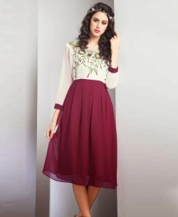 Off White And Burgundy Georgette Embroidered Anarkali Kurtis