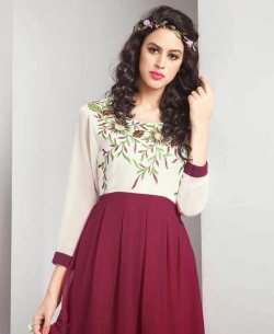 Off White And Burgundy Georgette Embroidered Anarkali Kurtis