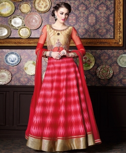 Red Banarasi Blend Sequins Anarkali Suits