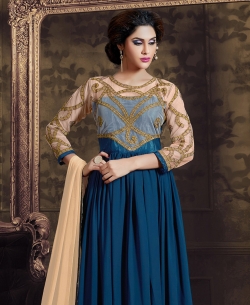 Navy Blue And Beige Georgette Embroidered Anarkali Suits
