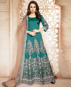 Teal Banglori Silk Embroidered Anarkali Suits