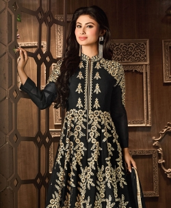 Black Faux Georgette Embroidered Anarkali Suits
