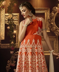 Orange Taffeta Silk Embroidered Anarkali Suits