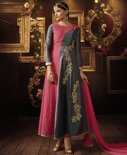 Grey And Pink Taffeta Silk Embroidered Anarkali Suits