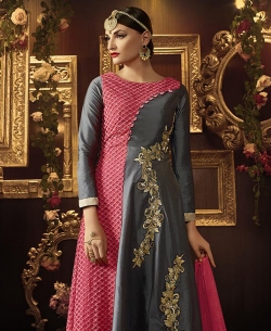 Grey And Pink Taffeta Silk Embroidered Anarkali Suits