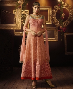 Peach Taffeta Silk Embroidered Anarkali Suits
