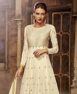 Cream Faux Georgette, Silk Sequins Anarkali Suits
