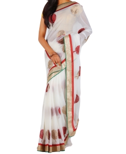 White Chiffon Embroidered Border Sarees