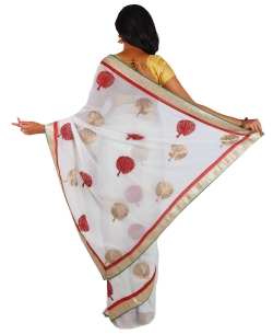 White Chiffon Embroidered Border Sarees