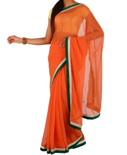 Orange Chiffon Stones, Crystals Border Sarees