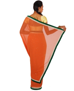 Orange Chiffon Stones, Crystals Border Sarees