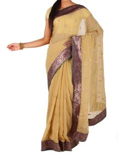 Beige Chiffon Printed Border Sarees