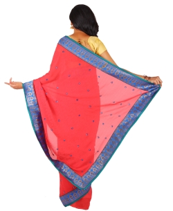 Coral Red Crepe Stones, Crystals Border Sarees