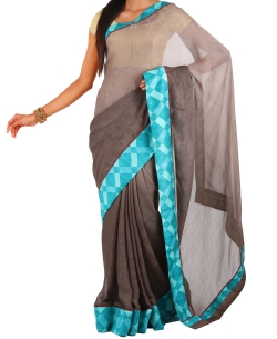 Grey Georgette Printed Border Sarees