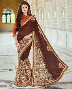 Chocoa BRown Georgette Patch Work Border Sarees
