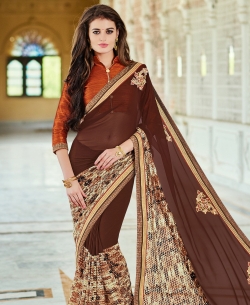 Chocoa BRown Georgette Patch Work Border Sarees