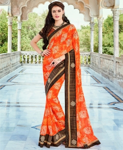 Orange Georgette Printed Border Sarees