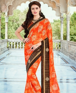 Orange Georgette Printed Border Sarees