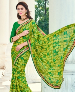 Yellow And Green Georgette Digital Printed Border Sarees