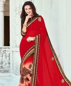 Red Georgette Printed Border Sarees