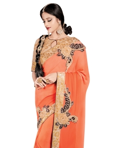 Orange Chiffon Embroidered Border Sarees