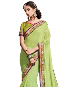 Green Georgette, Net Embroidered Border Sarees