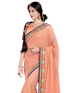 Peach Georgette, Net Embroidered Border Sarees