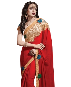Red Viscose, Net Embroidered Border Sarees
