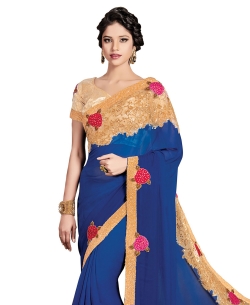 Blue Viscose, Net Embroidered Border Sarees