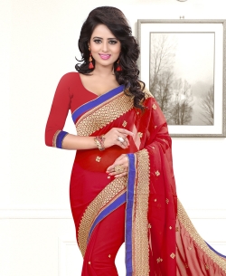 Red Chiffon Stones, Crystals Border Sarees