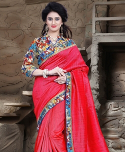 Coral Red Bhagalpuri Lace Style Border Sarees