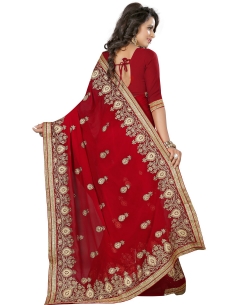 Red Georgette Stones, Crystals Border Sarees