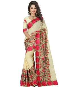Cream Georgette Embroidered Border Sarees