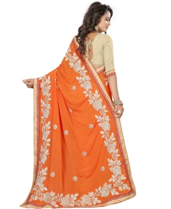 Orange Chinon Stones, Crystals Border Sarees