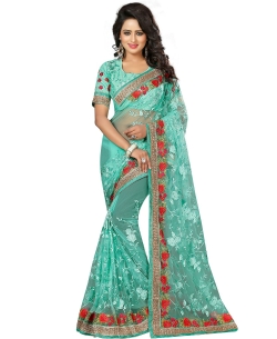 Turquoise Net Embroidered Border Sarees