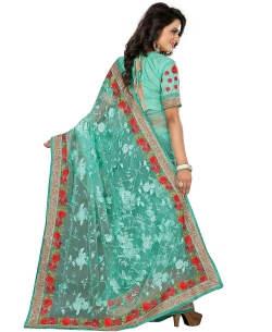 Turquoise Net Embroidered Border Sarees