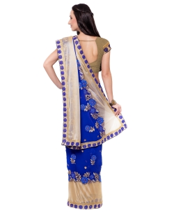 Blue And Beige Georgette, Lycra Embroidered Border Sarees