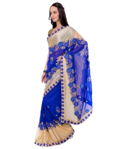 Blue And Beige Georgette, Lycra Embroidered Border Sarees