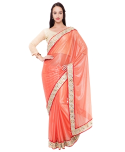Salmon Lycra Mirror Work Border Sarees
