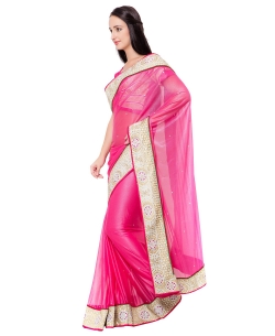 Deep Pink Lycra Stones Border Sarees