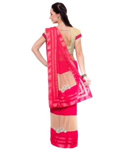 Pink And Beige Georgette, Lycra Patch Work Border Sarees