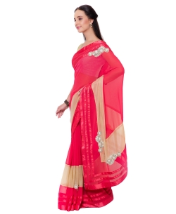 Pink And Beige Georgette, Lycra Patch Work Border Sarees