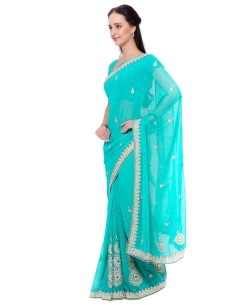 Pale Turquoise Georgette Stones Border Sarees